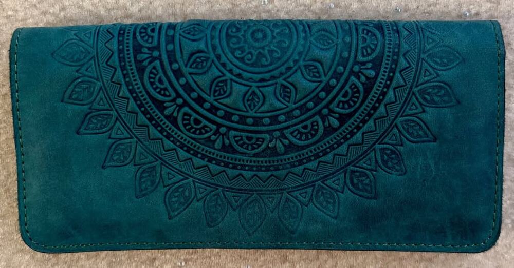 Dark Teal Leather Wallet: Boho Mandala, Long Wallet